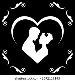 Romantic black and white silhouette of a couple standing in a heart, the woman adorned with a flower. Surrounding decorative flourishes add elegance. Perfect for wedding or anniversary themes.