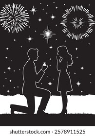 A romantic black-and-white silhouette illustration of a marriage proposal under a starry night sky with fireworks. The image features a man kneeling on one knee, holding a ring box, proposing 