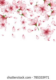 Romantic blossom elements, apple or japanese sakura petals flying and flowers falling vector illustration. Cherry petals and pink flower vector elements flying, bloom confetti.