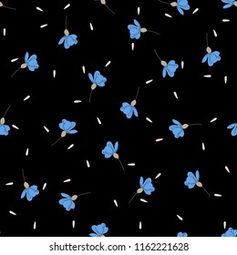 Romantic blossom floral seamless pattern. Blooming botanical motifs scattered random. Colorful vector texture. Good for fashion prints. Hand drawn small blue flowers on black background 