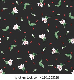 Romantic blossom floral seamless pattern. Blooming botanical motifs scattered random. Colorful vector texture. Good for fashion prints. Hand drawing small white flowers and buds on black background