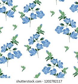 Romantic blossom floral seamless pattern. Blooming botanical motifs scattered random. Colorful vector texture. Good for fashion prints. Hand drawing small blue flower branches on white background