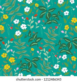 Romantic blossom floral seamless pattern. Blooming botanical plants scattered random. Colorful vector texture. Good for fashion prints. Hand drawing small flowers, leaves, branches on blue background