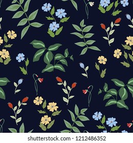 Romantic blossom floral seamless pattern. Blooming botanical plants scattered random. Colorful vector texture. Good for fashion prints. Hand drawing small flowers, leaves, branches on blue background