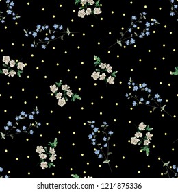 Romantic blossom floral seamless pattern. Blooming botanical plants scattered random. Colorful vector texture. Good for fashion prints. Hand drawing small flower branches on black polka dot background