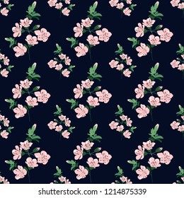 Romantic blossom floral seamless pattern. Blooming botanical plants. Ornate vector texture. Good for fashion prints. Hand drawing small pink flowers and buds on blue background