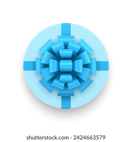 Romántico círculo azul caja de regalo con lazo de lazo brillante de lujo vista superior icono 3d ilustración vectorial realista. Elegante redondo contenedor festivo celebración de cumpleaños de vacaciones premio de la venta de compras