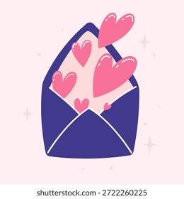 Design azul romântico com envelope e corações voando em estilo minimalista ícone vetor
