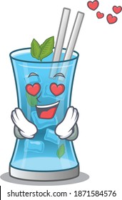 Romantic blue hawai cocktail cartoon character has a falling in love eyes