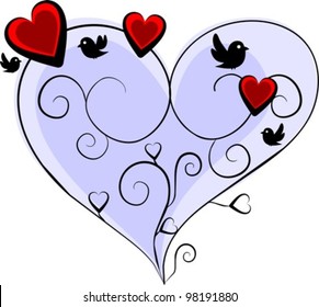 romantic blue heart with three red hearts and four birds - vector illustration