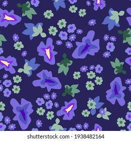 Impresión azul romántica sobre fondo oscuro. Patrón vectorial sin inconvenientes en repetición. Impresión vintage con pequeñas inflorescencias. Colección de diseño textil retro.