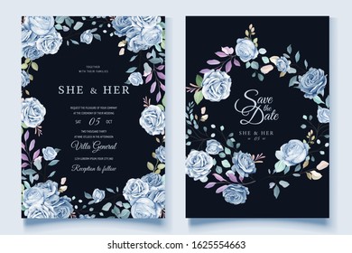romantic blue wedding floral and leaves card