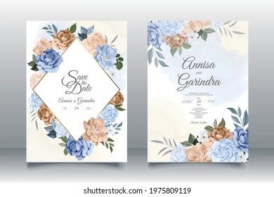  Romantic Blue Wedding invitation card template set with beautiful  floral leaves Premium Vector