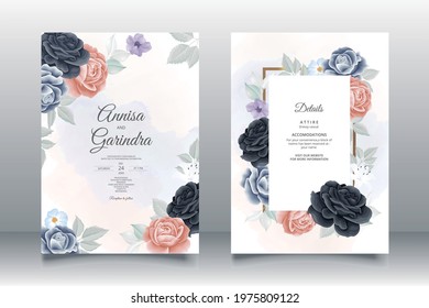  Romantic Blue Wedding invitation card template set with beautiful  floral leaves Premium Vector