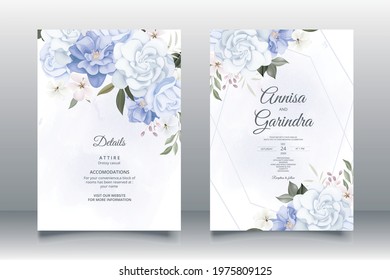  Romantic Blue Wedding invitation card template set with beautiful  floral leaves Premium Vector