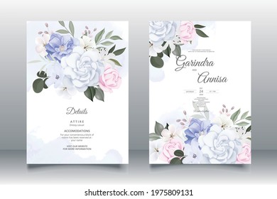  Romantic Blue Wedding invitation card template set with beautiful  floral leaves Premium Vector