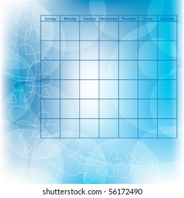 Romantic blue and white vector calendar template with hearts