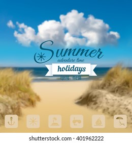 Romantic blurred background with seaside in Baltic Sea. This is vector background made with mesh and saved as Eps10. Caption "Summer holidays", space for your text, matching set of icons. 