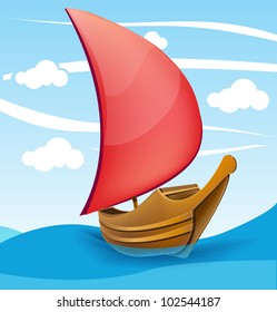 Romantic boat with red sail  on a cloudy background. Vector illustration