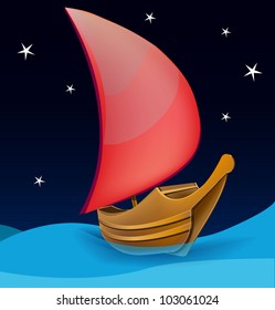 Romantic boat with red sail  on a night background. Vector illustration