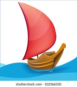 Romantic boat with red sail. Vector illustration