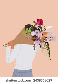 Romantic boho style drawing of girl with flowers. 