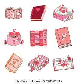 Romantic book collection. Vector closed diaries and notebooks with hearts and roses for Valentine's Day design
