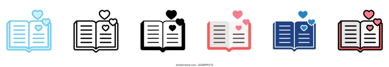 Romantic Book multi style, mini illustration icon set. outline, flat, glyph, line color. vector for UI, UX, app, web, digital or print, related to international literacy days, education.