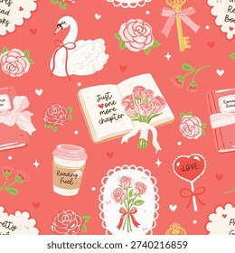 Romantic Bookish Seamless Pattern With Roses Swans Coffee And Love Elements On Pink Background