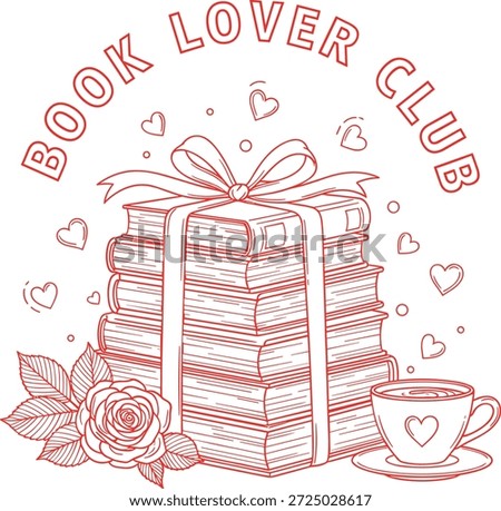 romantic bookish valentine design featuring the phrase book lover club curved above a tall ribbon tied stack of books with a blooming rose heart doodles and a heart teacup perfect for avid readers book clubs librarians and cozy valentine shirts totes mugs and prints