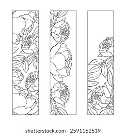Romantic bookmarks with peonies, printable coloring page.