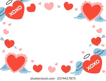 Romantic Border. Charming frame with red hearts, angels wings, and Cupid arrows. Perfect for wedding invitation, Valentine's card. Horizontal invitation background A4 format. Vector flat illustration.