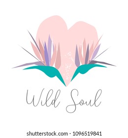 Romantic border design with abstract tropical strelizia flower on pastel blush pink heart shape background. Ideal for wedding, invite, engagement, bridal shower, birthday, anniversary, invitation