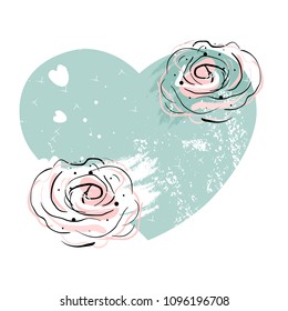 Romantic border design with hand drawn abstract doodle rose flower on pastel blush pink heart shape background. Ideal for wedding, invite, engagement, bridal shower, birthday, anniversary, invitation
