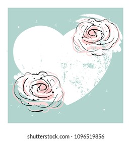 Romantic border design with hand drawn abstract doodle rose flower on pastel blush pink heart shape background. Ideal for wedding, invite, engagement, bridal shower, birthday, anniversary, invitation