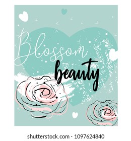 Romantic border design with hand drawn blush pink doodle rose flower on pastel heart shape background. Ideal for wedding, invite, engagement, bridal shower, birthday, anniversary, invitation