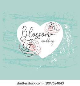 Romantic border design with hand drawn blush pink doodle rose flower on pastel heart shape background. Ideal for wedding, invite, engagement, bridal shower, birthday, anniversary, invitation