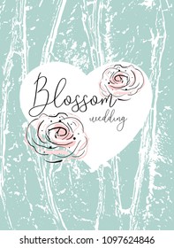 Romantic border design with hand drawn blush pink doodle rose flower on pastel heart shape background. Ideal for wedding, invite, engagement, bridal shower, birthday, anniversary, invitation
