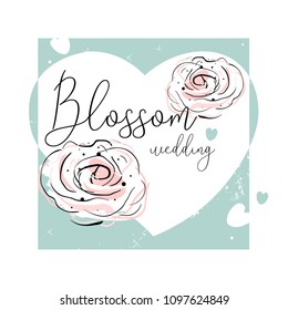 Romantic border design with hand drawn blush pink doodle rose flower on pastel heart shape background. Ideal for wedding, invite, engagement, bridal shower, birthday, anniversary, invitation