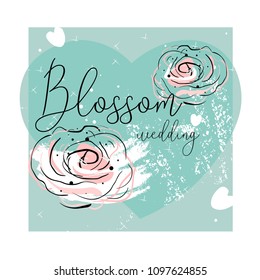 Romantic border design with hand drawn blush pink doodle rose flower on pastel heart shape background. Ideal for wedding, invite, engagement, bridal shower, birthday, anniversary, invitation