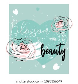 Romantic border design with hand drawn blush pink doodle rose flower on pastel heart shape background. Ideal for wedding, invite, engagement, bridal shower, birthday, anniversary, invitation