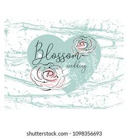 Romantic border design with hand drawn blush pink doodle rose flower on pastel heart shape background. Ideal for wedding, invite, engagement, bridal shower, birthday, anniversary, invitation