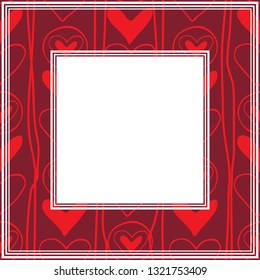 Romantic border with red hearts. Valentines illustration. Hand drawn style. Design element for photo frames or home decor.