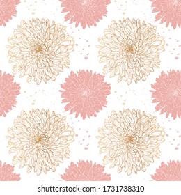 Romantisches botanisches Muster von Chrysanthemumblüten in goldener Grafik und rosa Füllung, Skizze Vektorgrafik auf weißem Hintergrund für Postkarten, Plakate, Notizbücher.