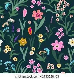 Romantic botanical print on black background. Seamless vector pattern in repeat. Vintage print with small inflorescences. Retro textile design collection.