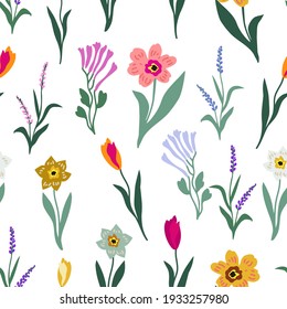 Romantic botanical print on white background. Seamless vector pattern in repeat. Vintage print with small inflorescences. Retro textile design collection.