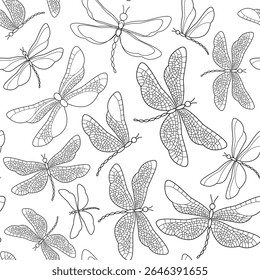 Romântico botânico estilizado verão libélula borboleta silhueta padrão sem emenda vetor plano ilustração linha renda fundo monocromo convite cartão têxtil embalagem embrulhar casamento design