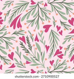 Romantisches botanisches Valentinstag-Muster mit rosa Herzen und skurrilen grünen Blättern
