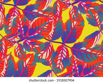 Romantic Botanical Vector Background. Painted English Rose Leaf Patterns Collection. Summer Textile Design. Saffron Yellow and Red Repeated Spring Peony Wallpaper. Rose Leaves Seamless Pattern.