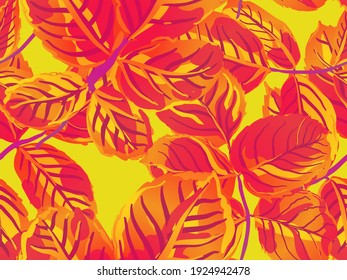 Romantic Botanical Vector Background. Repeated Spring Peony Wallpaper. Rose Leaves Seamless Pattern. Saffron Yellow and Red Painted English Rose Leaf Patterns Collection. Summer Textile Design.